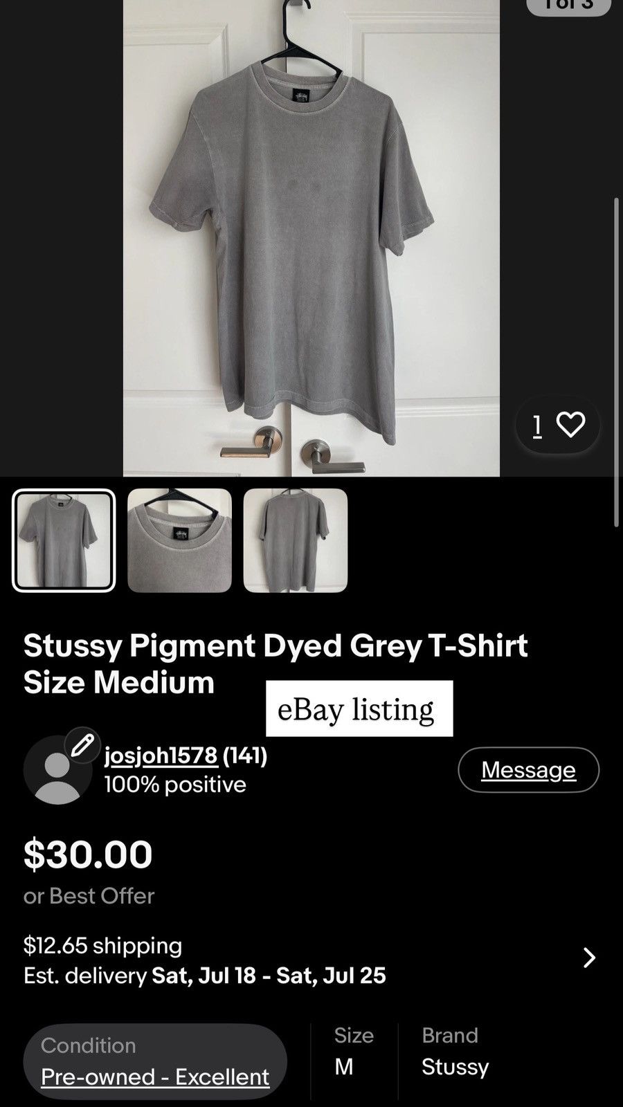 Stussy Stussy Pigment Dyed Grey T-Shirt Men’s Size Medium Size US M / EU 48-50 / 2 - 4 Thumbnail