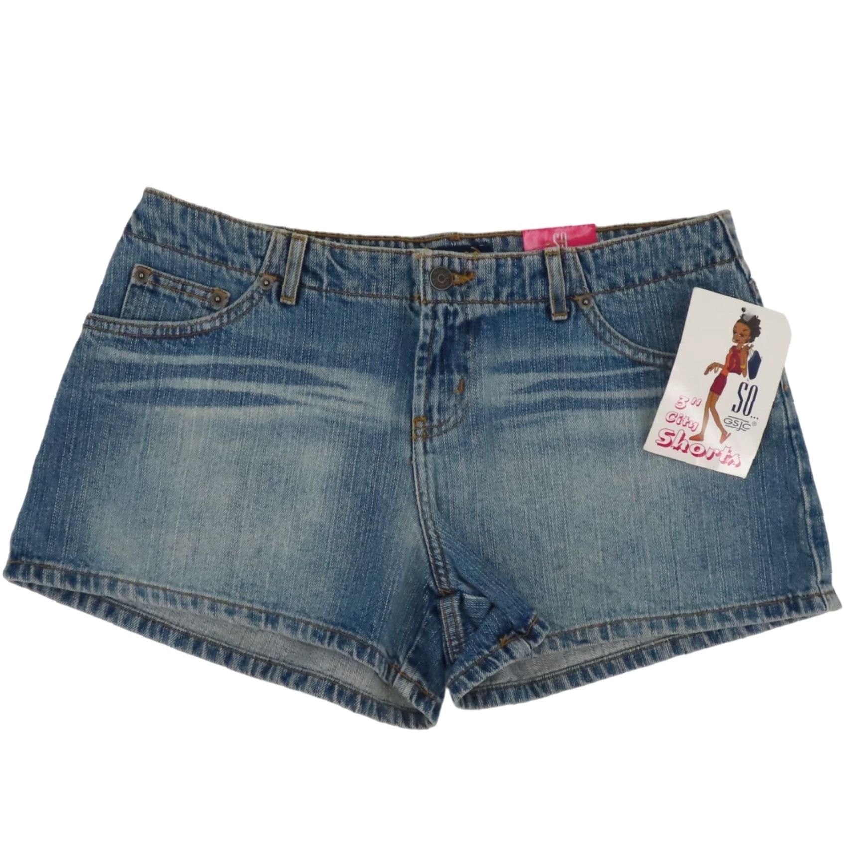 Denime VINTAGE SO Juniors 11 No Waist Blue Denim City Shorts 3in Inseam Whiskered NEW Jeans Hot Pants Girls Size 32" / US 10 / IT 46 - 2 Thumbnail