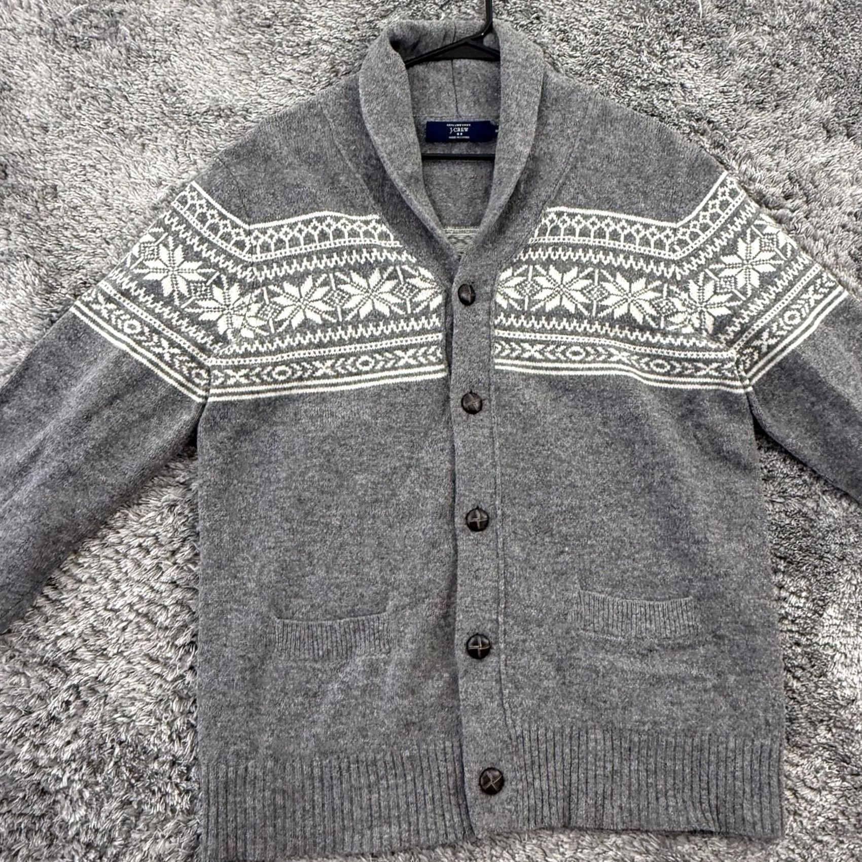 J.Crew J.CREW Cardigan Sweater Mens M Gray Shawl Collar Lambswool Fair Isle Nordic Wool Knit Button Pockets Size US M / EU 48-50 / 2 - 6 Thumbnail