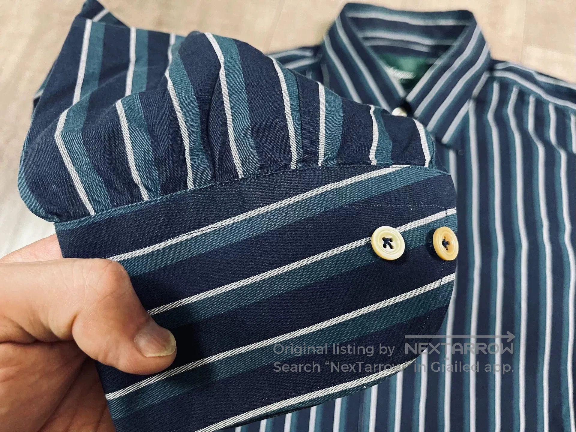 Vintage Navy Green Stripe Shirt The Refinery TR. Size US M / EU 48-50 / 2 - 5 Thumbnail