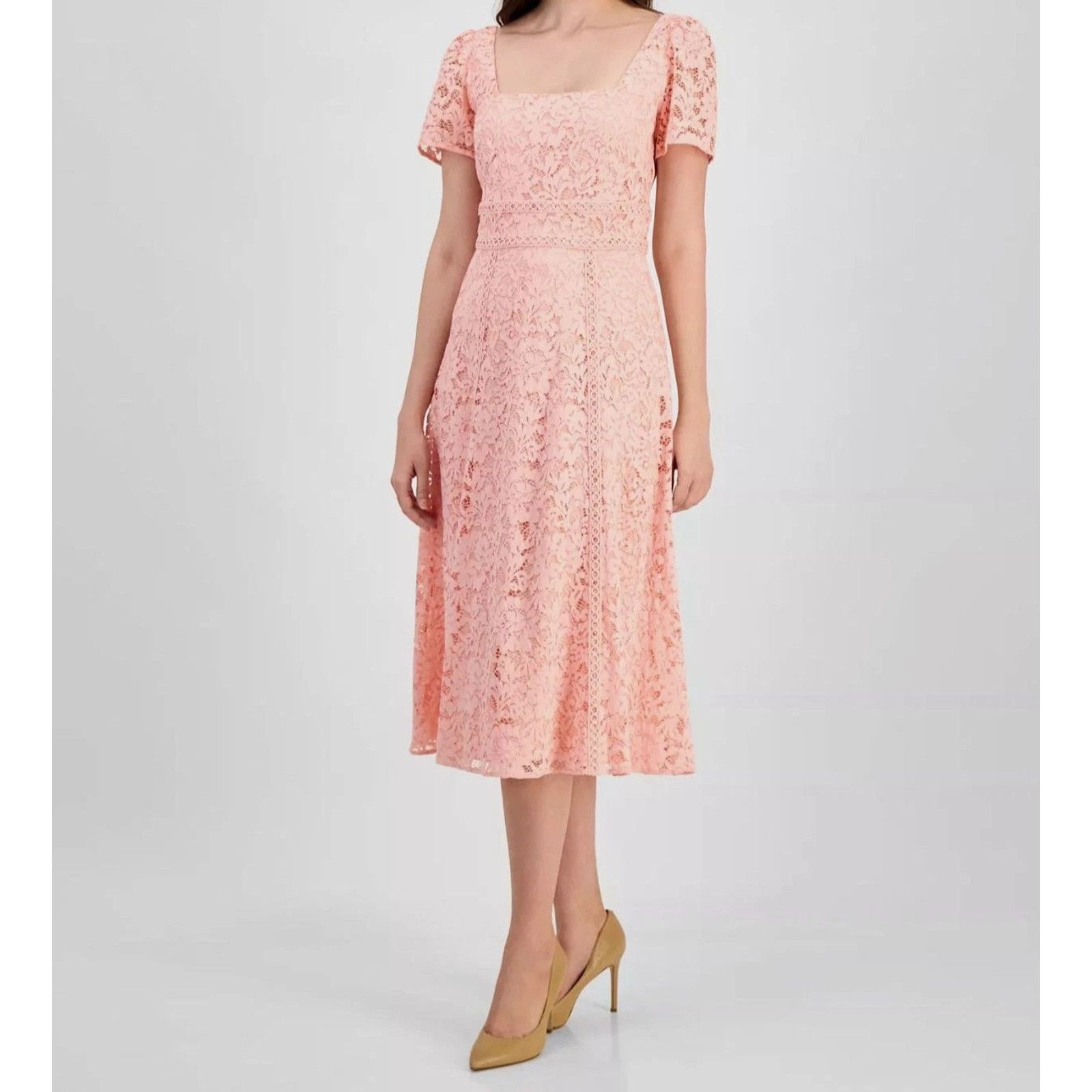 Anne Klein Anne Klein Women's Pink Lace Square Neck Puff Sleeve Dress 4 Size S / US 4 / IT 40 - 1 Thumbnail