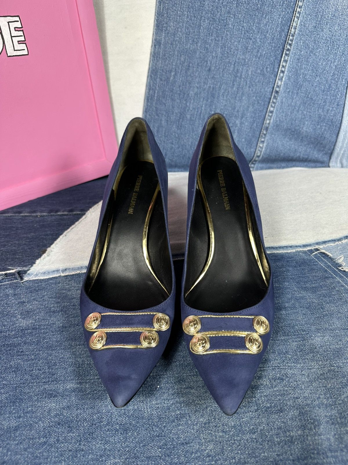 Pierre Balmain Pierre Balmain Heels Suede Blue Shoes Gold Hardware Pins Size US 11 / IT 41 - 14 Thumbnail