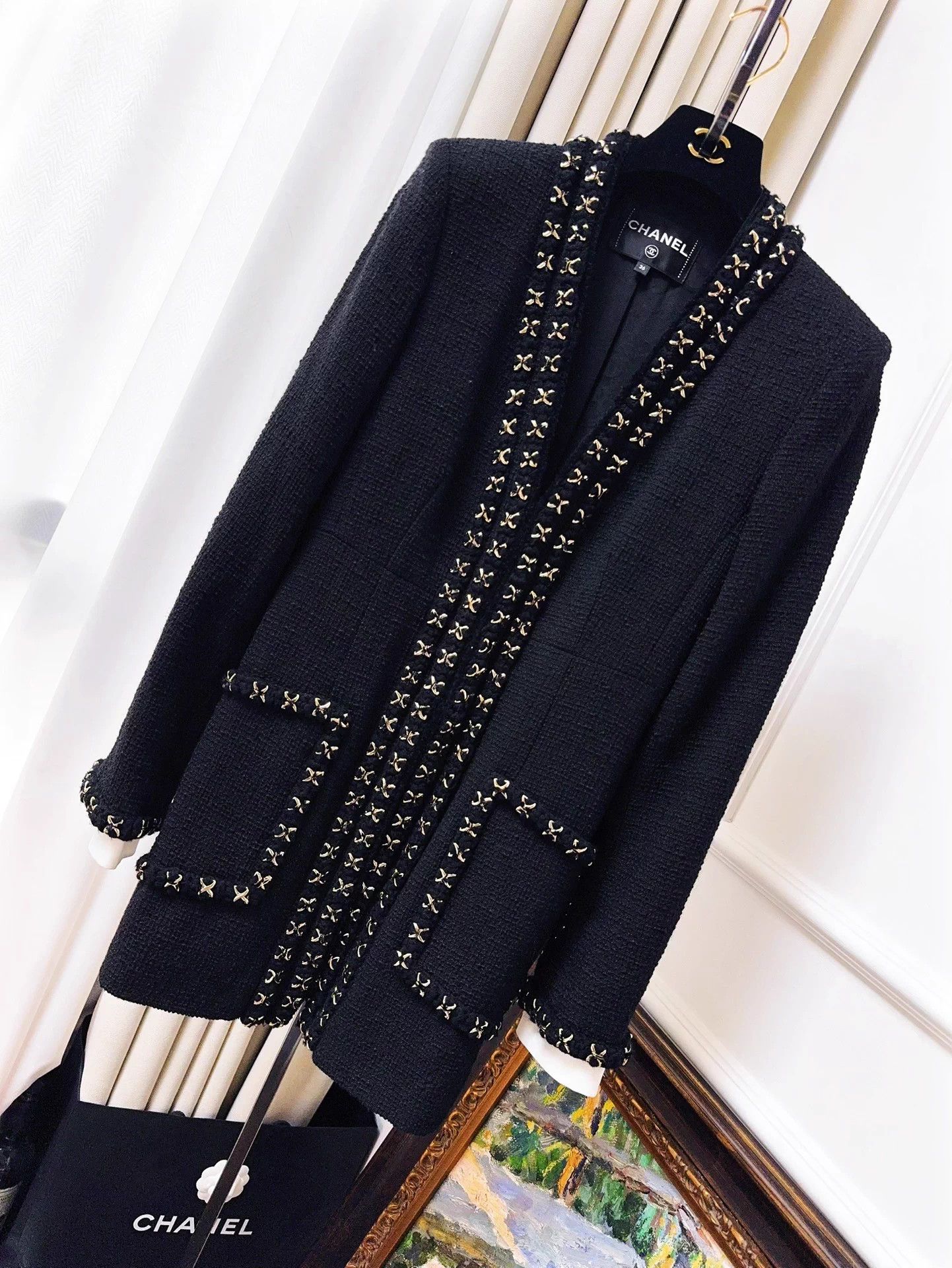 Chanel Chanel 17a Black Vneck Woven Gold Clasp Coin Button Jacket Size XS / US 0-2 / IT 36-38 - 1 Thumbnail