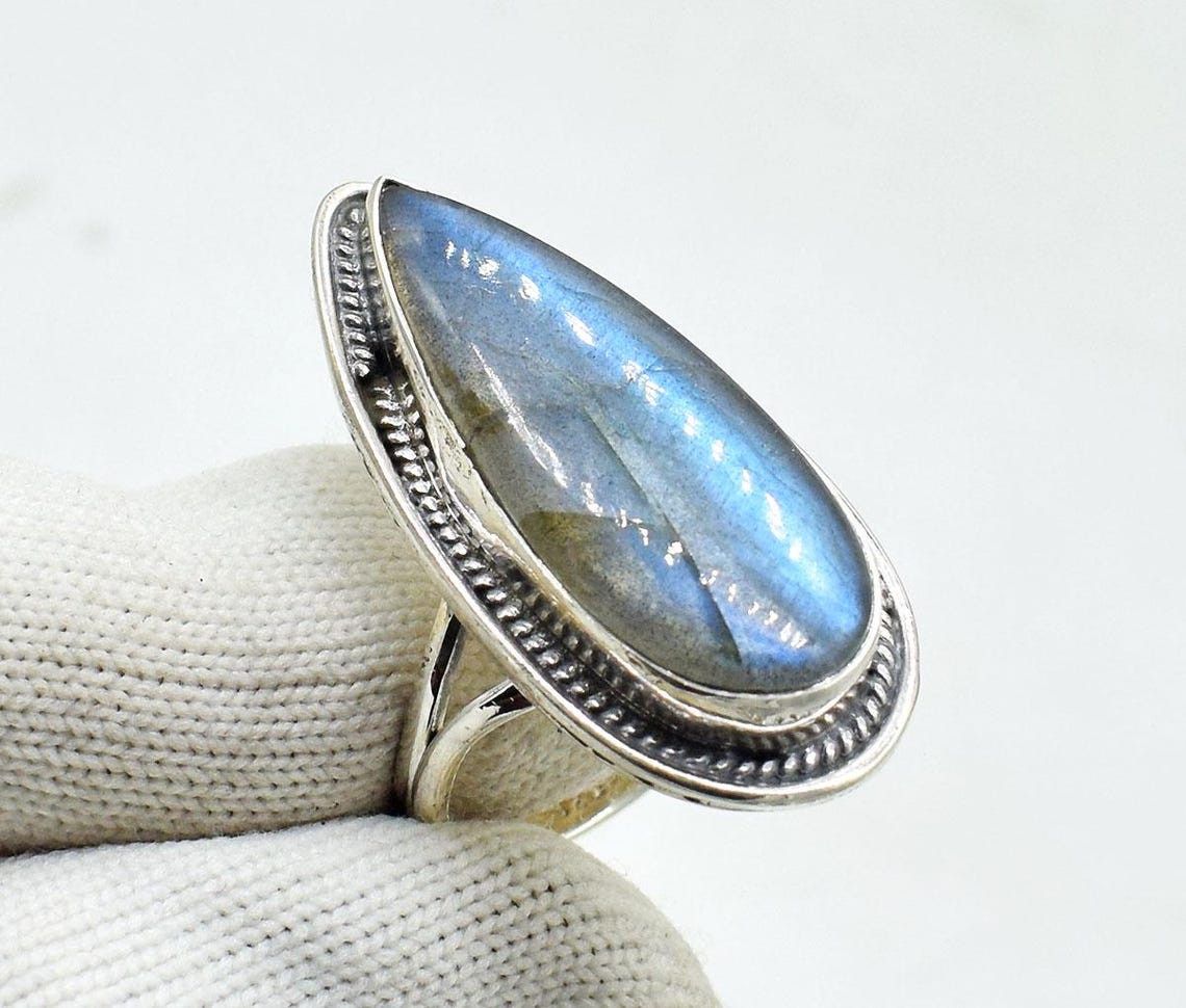 Handmade Pear Labradorite 925 Sterling Silver Boho Bridal Ring Size ONE SIZE - 3 Thumbnail