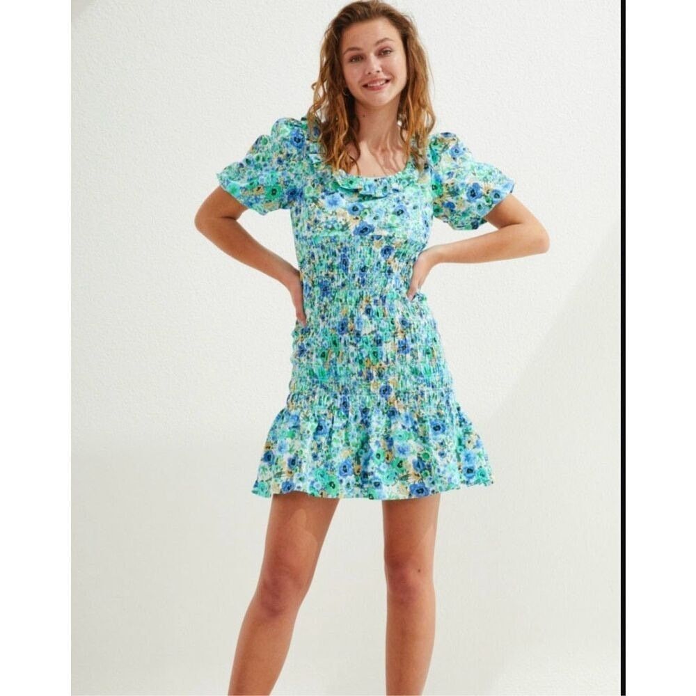 Zara Blue Floral Print Smocked Square Neck Mini Dress