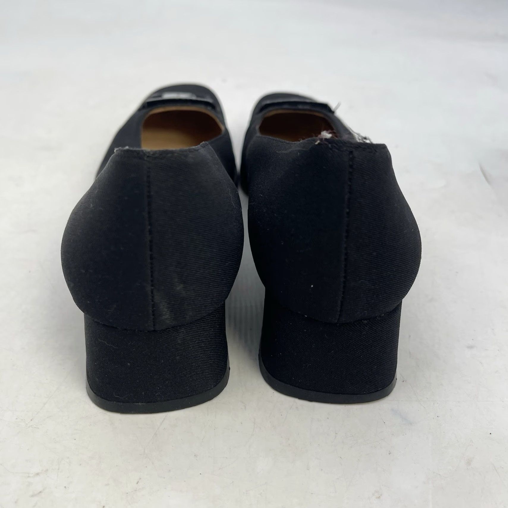 VINTAGE Salvatore Ferragamo Heels Womens 8.5 Black Satin Buckle 90s VTG Pump, Slip On, Square Toe, Leather Lining, AA Width, Block Heel, Shirt?