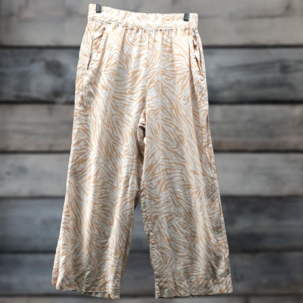 Cynthia Rowley Cynthia Rowley 100% Linen Wide Leg Crop Pants Womens M Tan Animal Print White Size 32" / US 10 / IT 46 - 1 Thumbnail