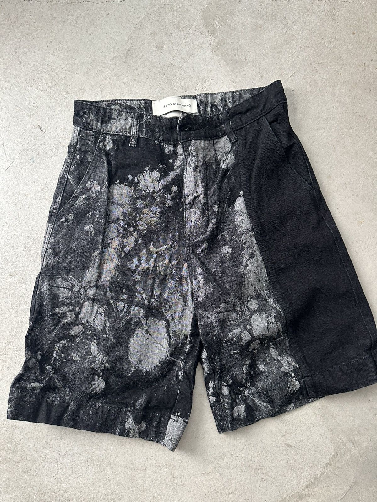 image of Feng Chen Wang Denim Marbled / Splattered Shorts in Black, Men's (Size 32)