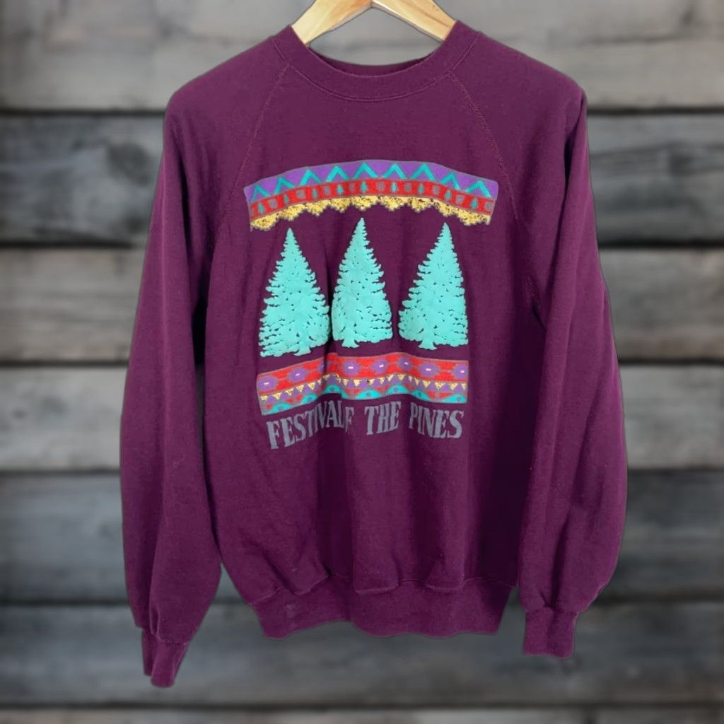 Hanes VINTAGE Hanes Sweatshirt 90s Michigan Festival of Pines Adult Medium Purple Cotton-Polyester Crew Neck Pullover Graphic Print Raglan Sleeve Men Mens Size US M / EU 48-50 / 2 - 1 Thumbnail
