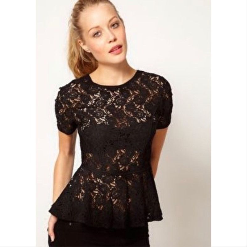 Warehouse Warehouse Sheer Black Lace Button-Back Peplum Top 8 Size M / US 6-8 / IT 42-44 - 1 Thumbnail