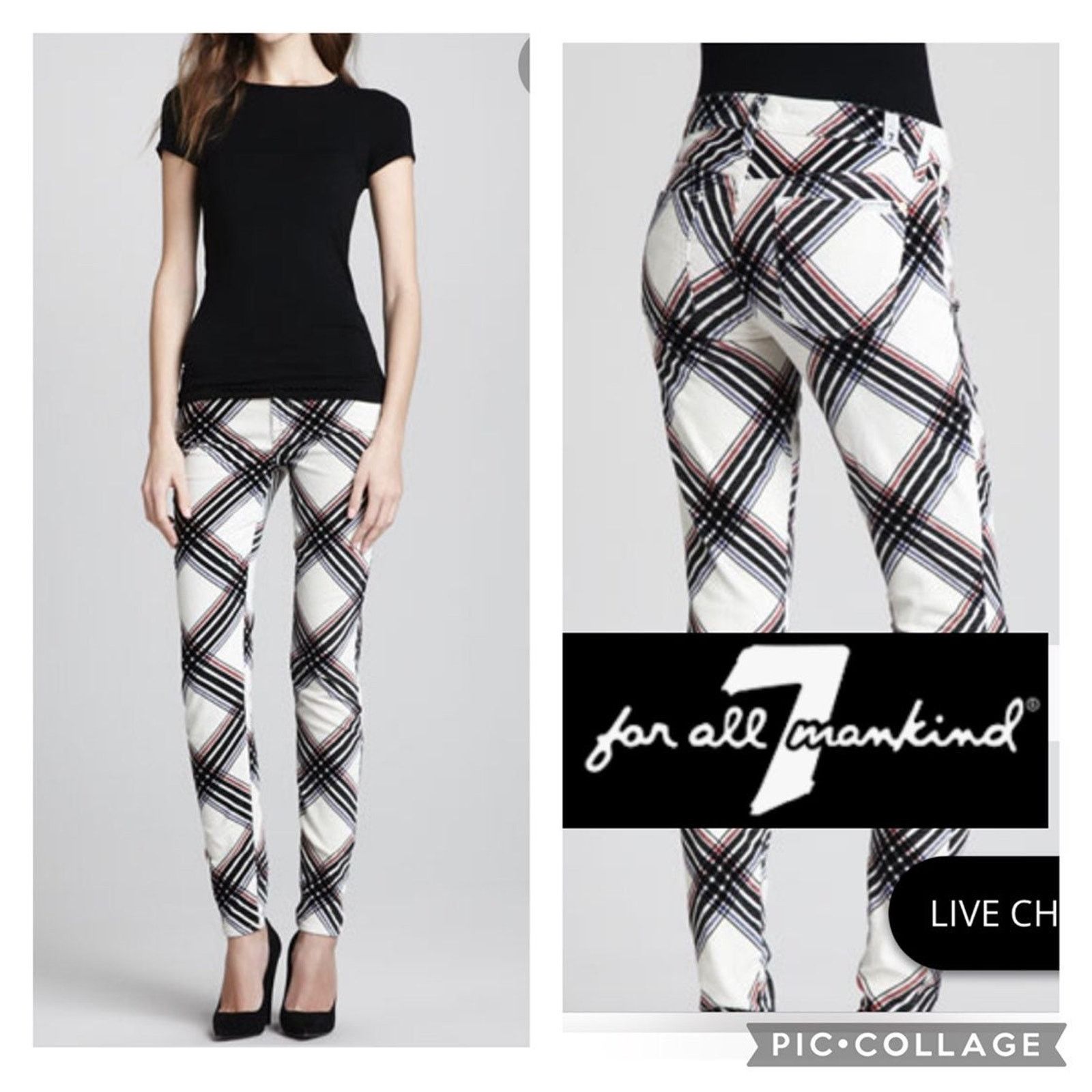 7 For All Mankind 7 for all mankind Skinny Cream Velvet Black Plaid Pants 27 Size 27" / US 4 / IT 40 - 1 Thumbnail