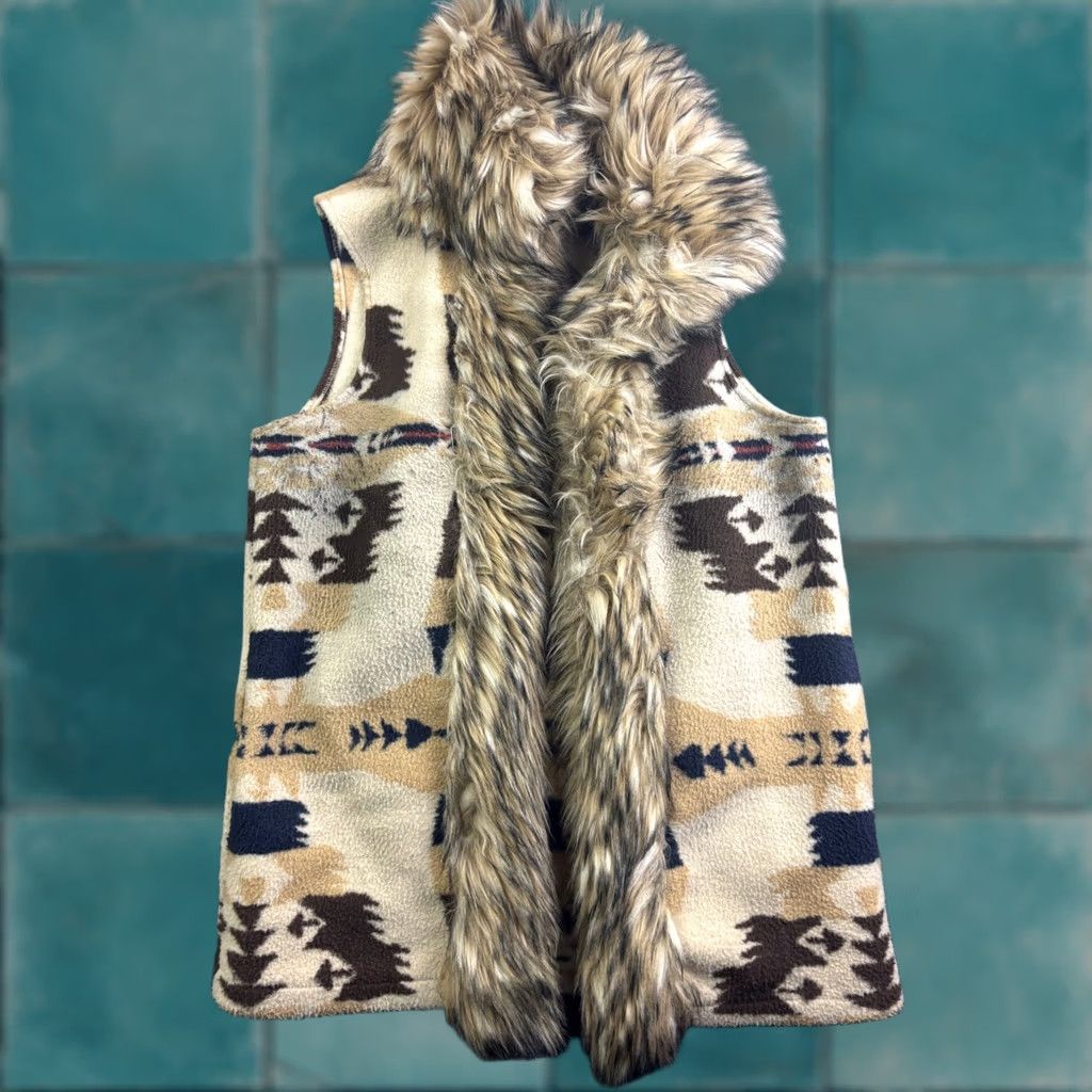 Vintage Tasha Polizzi Vest Womens M Tan Southwestern Fleece Hooded Fur Trim Open Front Geometric Bohemian Jacket/Coat Length Mid-Length Casual Summer? Size M / US 6-8 / IT 42-44 - 1 Thumbnail