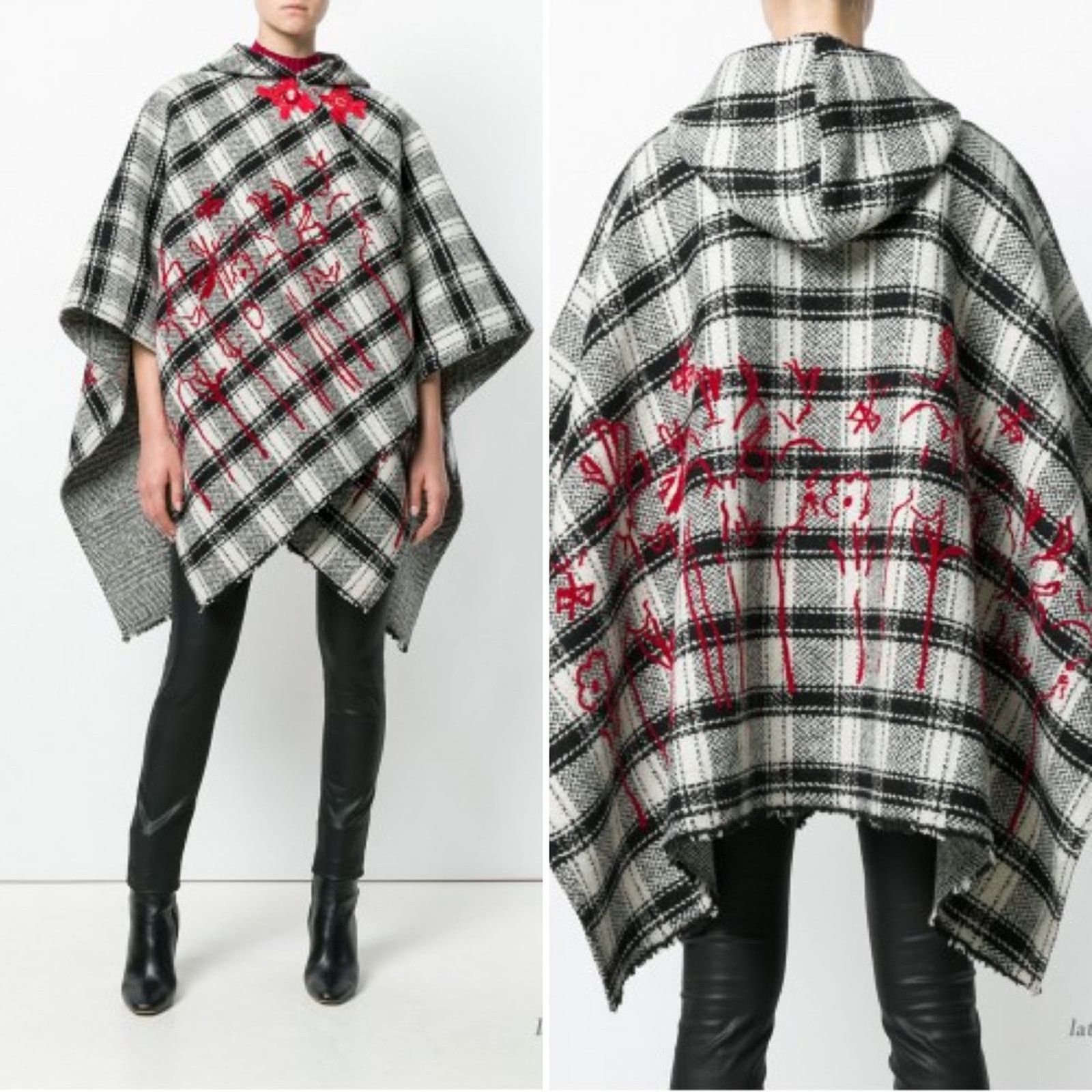 Ermanno Gallamini Ermanno Gallamini Hooded Wool Blanket Cape Poncho Check Size ONE SIZE - 2 Thumbnail