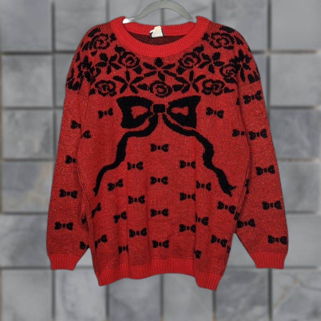 Vintage VINTAGE 80s Sweater Knit Sparkle Grandma Christmas Bow VTG Shirt Top L Red Unisex Adults pull-over pullover Women/Men? Size L / US 10 / IT 46 - 1 Thumbnail