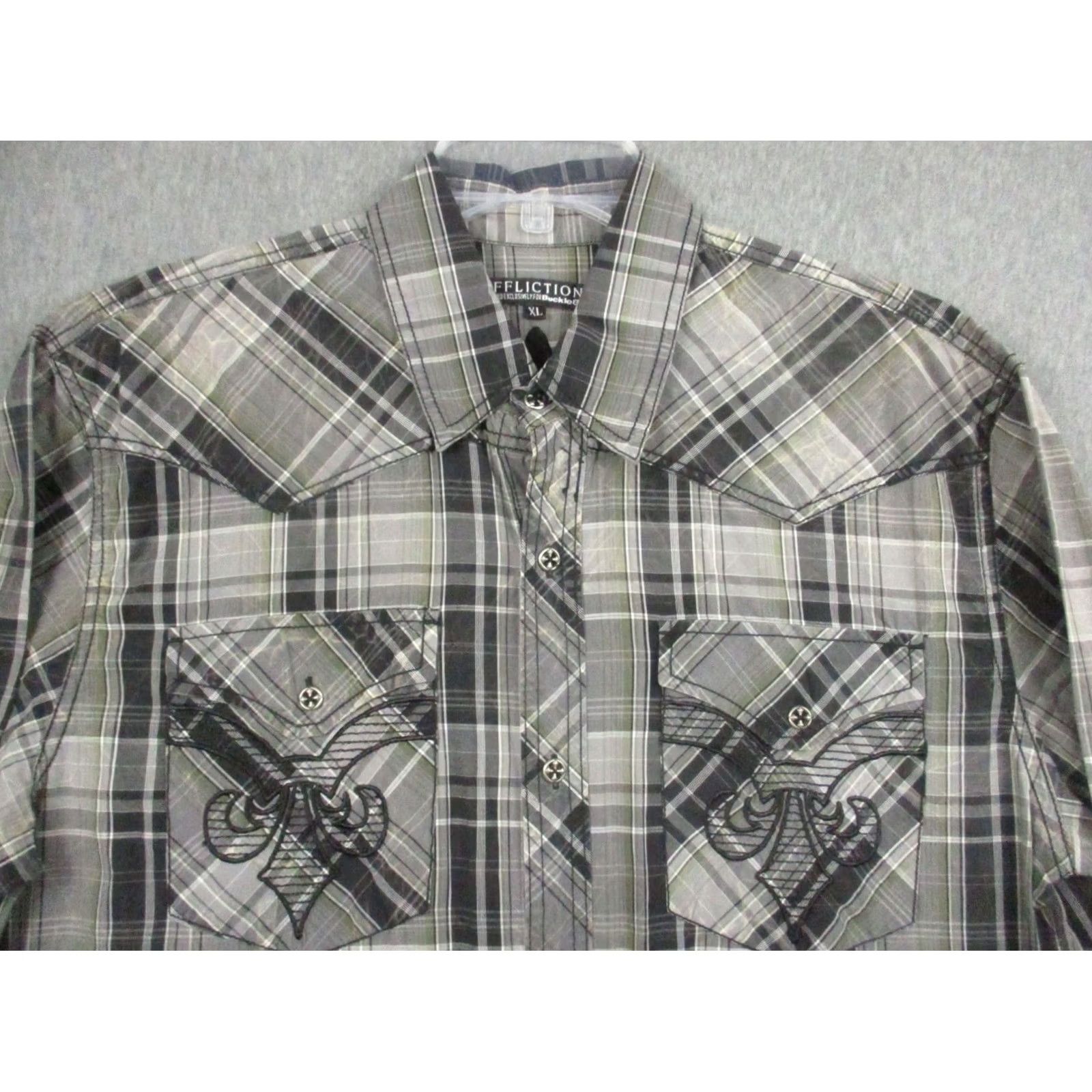 Affliction Affliction Shirt XL Gothic Embroidered Black Gray Skull Metal Shirt Button-Up Sleeve Long Collar Spread Men Size US XL / EU 56 / 4 - 4 Thumbnail