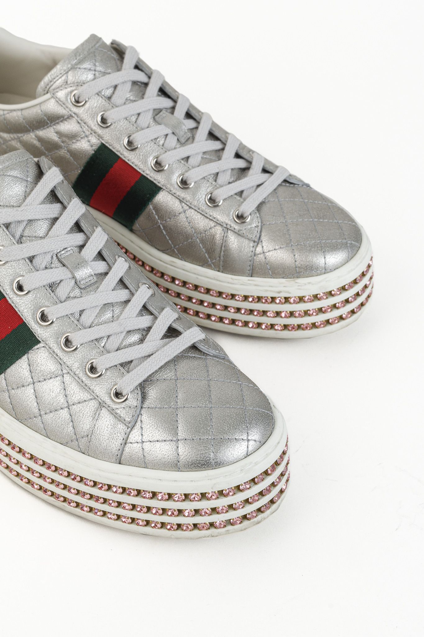 Gucci Gucci Ace Silver Quilted-Leather Crystal-Platform Sneakers Size US 9.5 / IT 39.5 - 6 Thumbnail