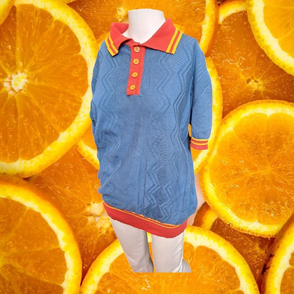 Other OXKNITSTORE Retro Knit Polo Shirt Blue Orange Striped Collar Size US L / EU 52-54 / 3 - 7 Thumbnail