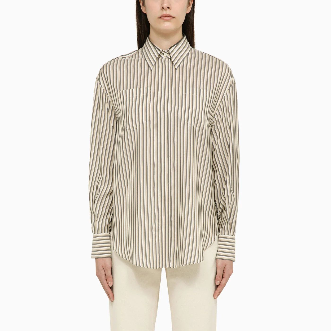 Brunello Cucinelli o1y0725 Striped Silk Shirt in Multicolor Size XXL / US 16-18 / IT 52-54 - 1 Thumbnail
