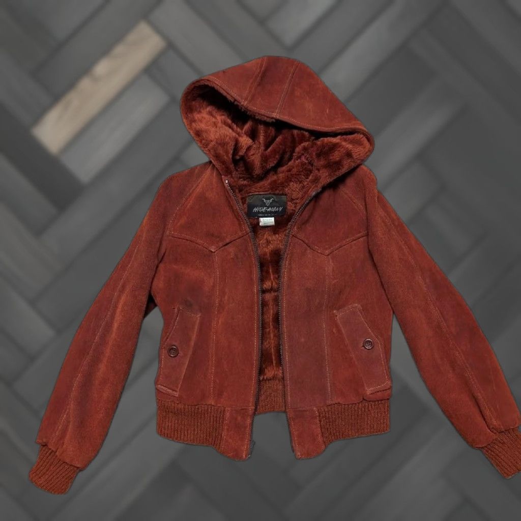 Vintage VINTAGE westERn split-suede cowhide Leather XS sherpa HOODED jacket 34-36 Mens 1970s Rancher Rust Orange Cowboy Style Bomber Jacket Size US XS / EU 42 / 0 - 1 Thumbnail