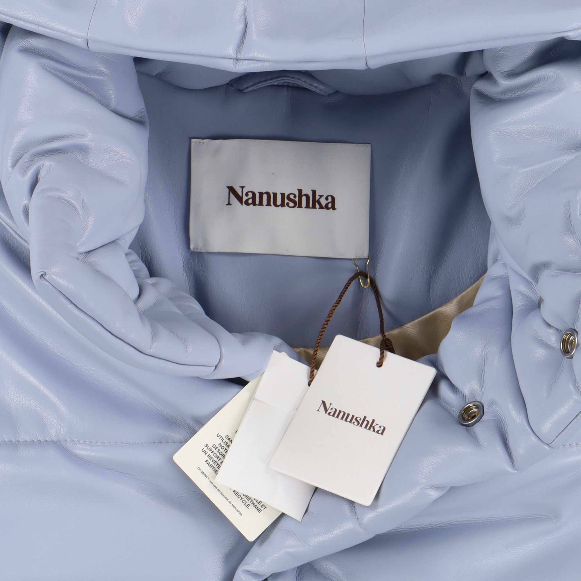 Nanushka Dusty Blue Vegan Leather Hooded Puffer Jacket Size L / US 10 / IT 46 - 6 Thumbnail