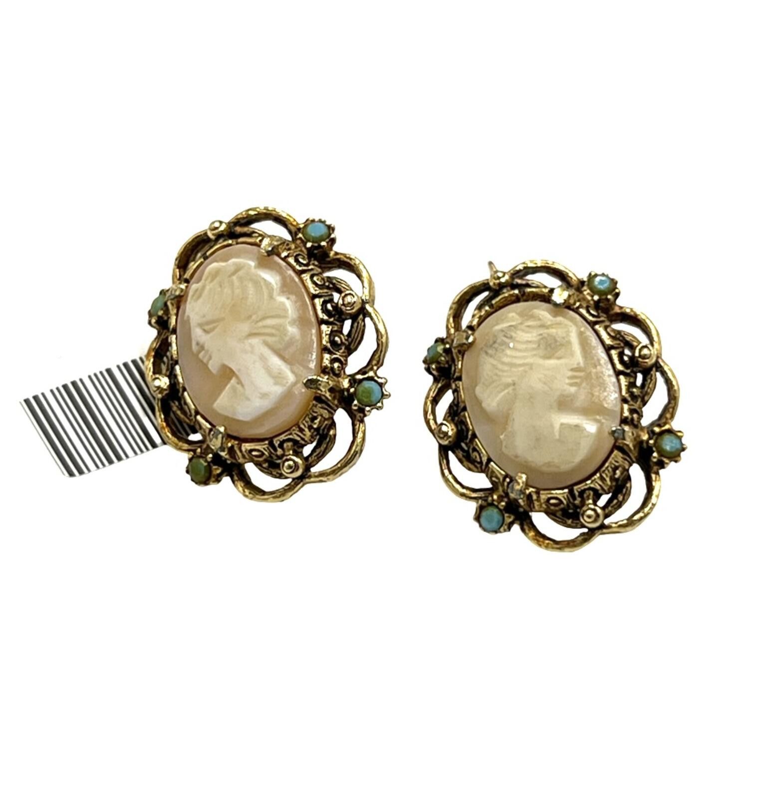 Conte of Florence Florenza Pink Shell Cameo & Green Rhinestone Hook Earrings Size ONE SIZE - 1 Thumbnail
