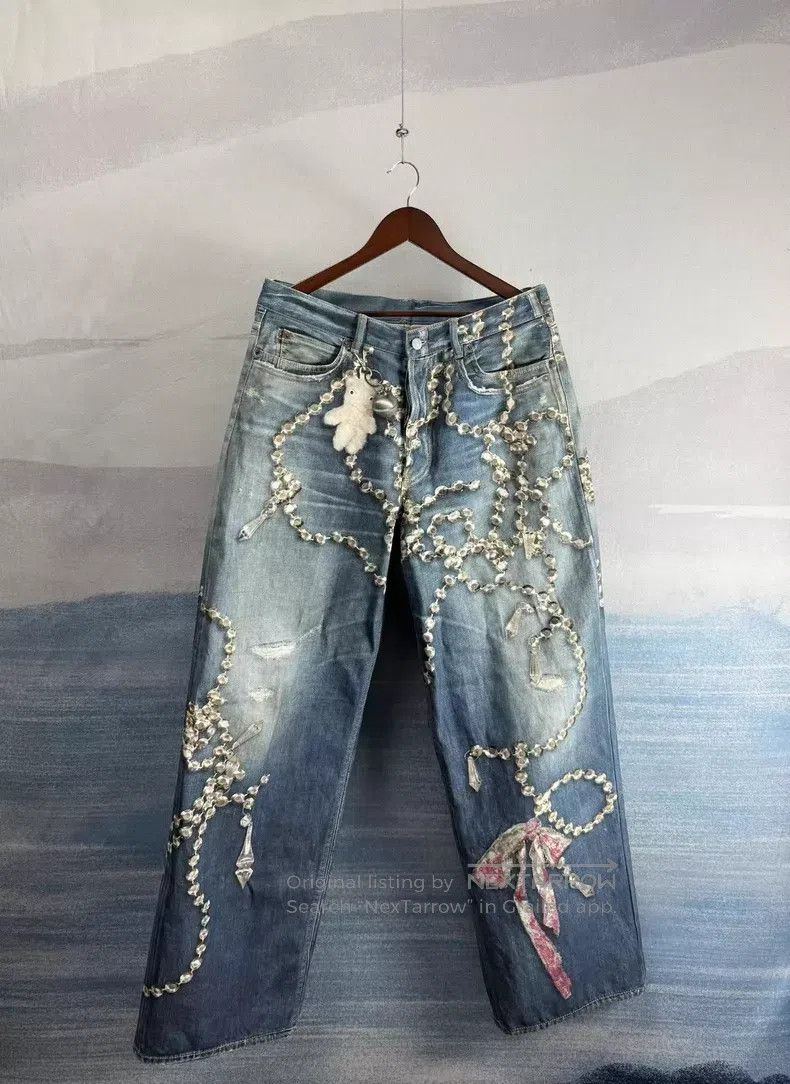 Acne Studios Acne Studios size XL Light Blue Bow Crystal Chain Denim Pan Size US 26 / EU 42 - 1 Thumbnail