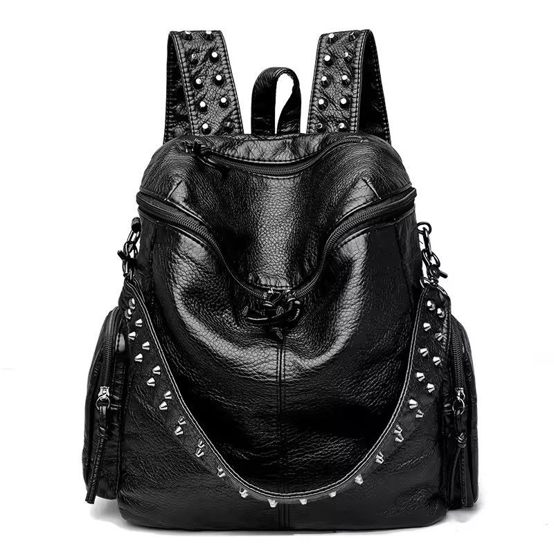 Japanese Brand Gothic Punk Soft PU Leather Black Backpack Size ONE SIZE - 1 Thumbnail
