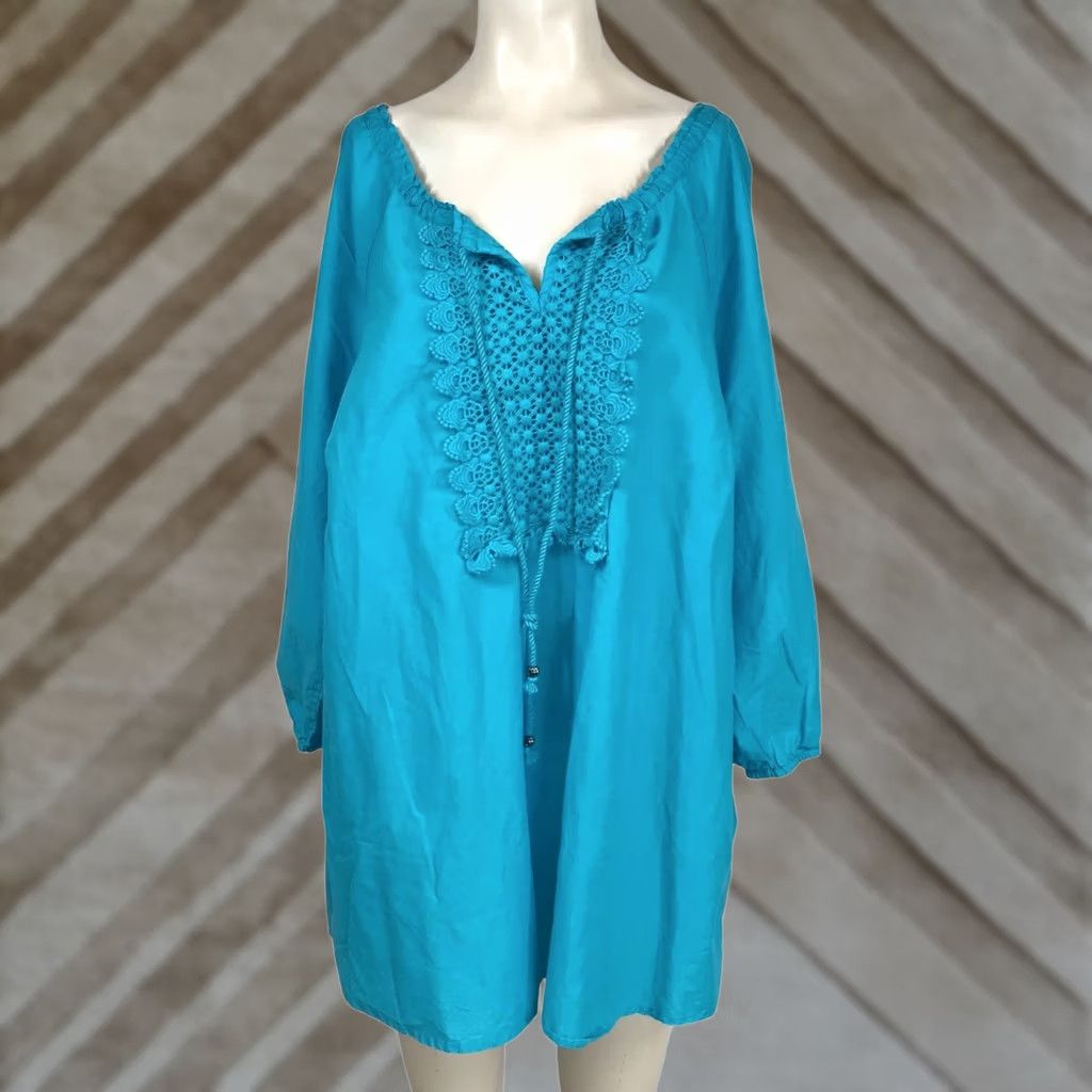 Vintage CATHERINES WOMEN'S 1X BLUE 3/4 SLEEVE V NECK COTTON TOP LACE DETAIL Size XL / US 12-14 / IT 48-50 - 1 Thumbnail