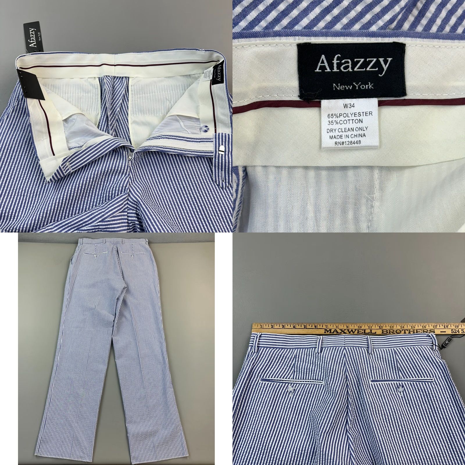 Vintage Afazzy New York Pants Mens 34 White Blue Seersucker Tailor Ready Hem NWT Size US 34 / EU 50 - 8 Thumbnail