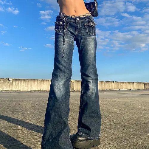 image of Aesthetic Flared Pants Low Waist Jeans in Blue, Women's (Size 31)