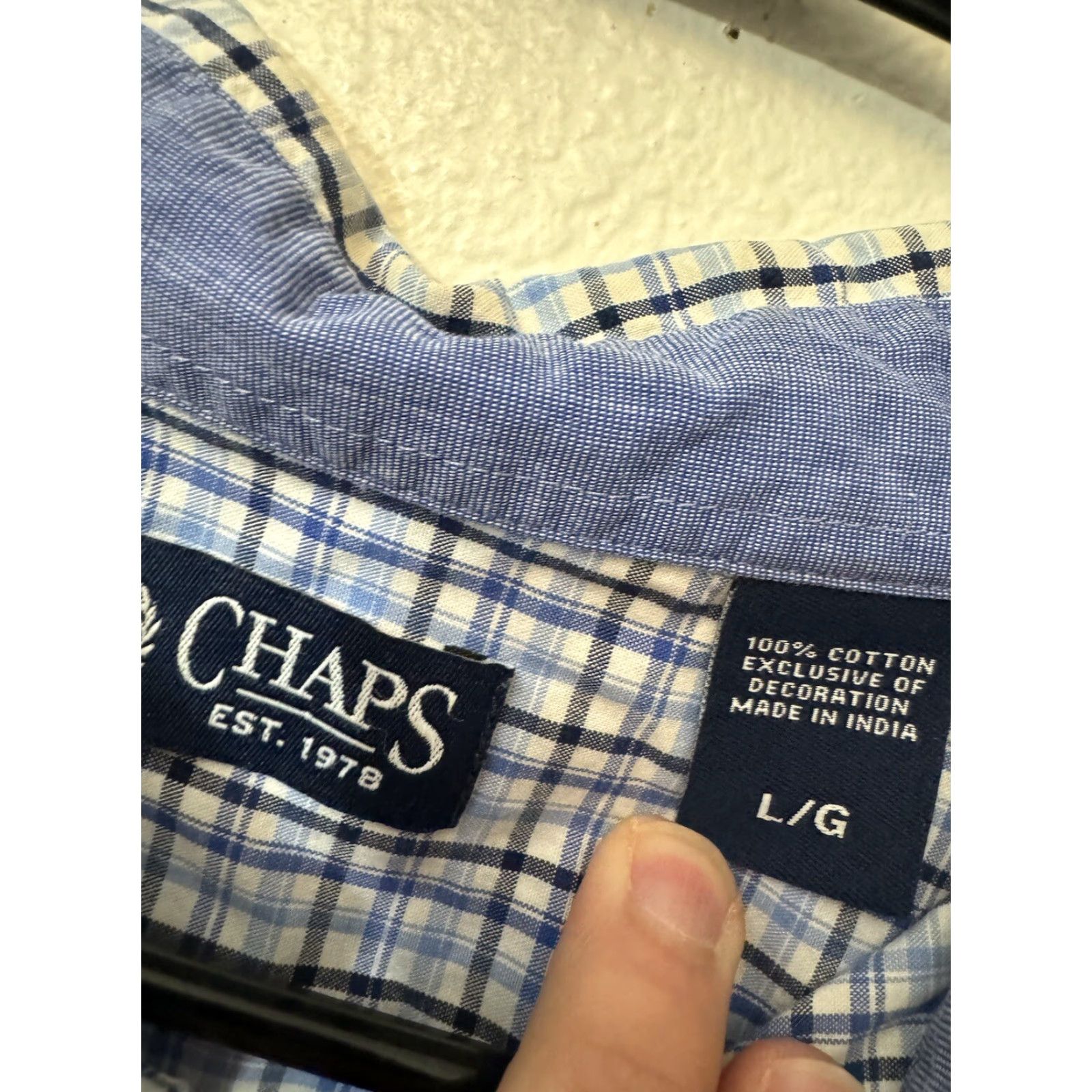 Chaps CHAPS Shirt Mens Large Blue Plaid Button-Up Long Sleeve Cotton-Polyester Pocket Easy Care Mens Size US L / EU 52-54 / 3 - 3 Thumbnail