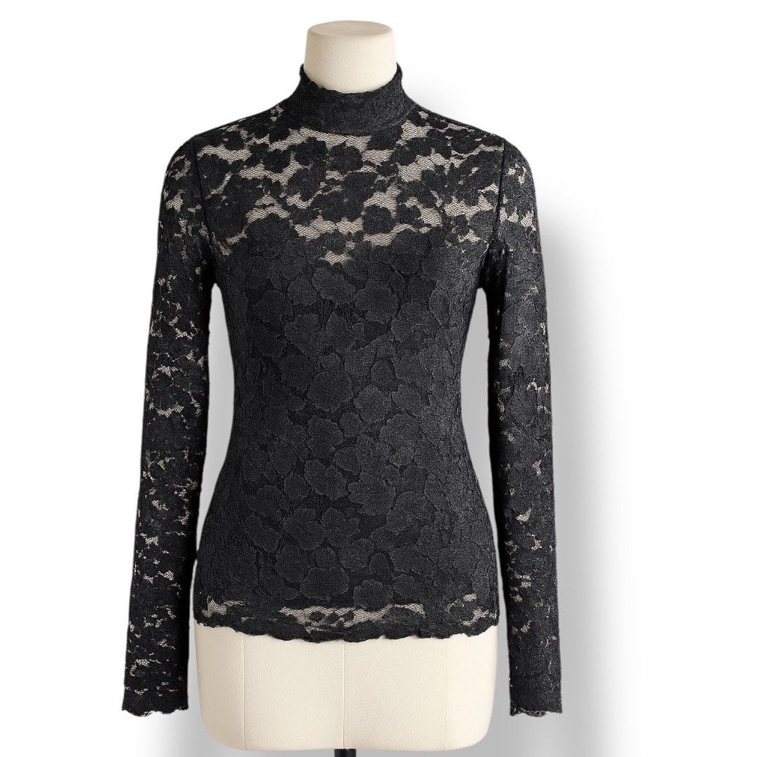 Henri Bendel × Vintage Vintage Henri Bendel Sheer Blouse Black Floral Lace Mockneck Size S / US 4 / IT 40 - 1 Thumbnail