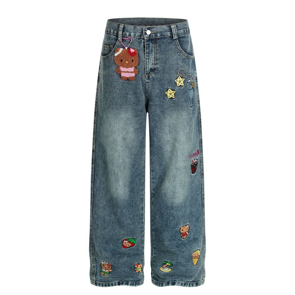 Jean Men's cartoon embroidered washed straight jeans Size US 32 / EU 48 - 1 Thumbnail