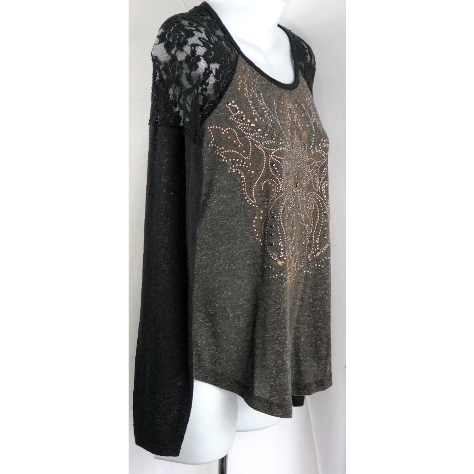 Miss Me VINTAGE Miss Me Jersey Top S Womens Black Grey Beaded Lace Cut Out Y2K Steampunk Grunge Shirt Size S / US 4 / IT 40 - 2 Thumbnail
