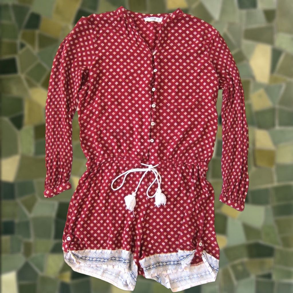 Mango Mango Casual Short Sleeve Jumpsuit Romper 100% Rayon Floral Red XS Women Size XS / US 0-2 / IT 36-38 - 1 Thumbnail
