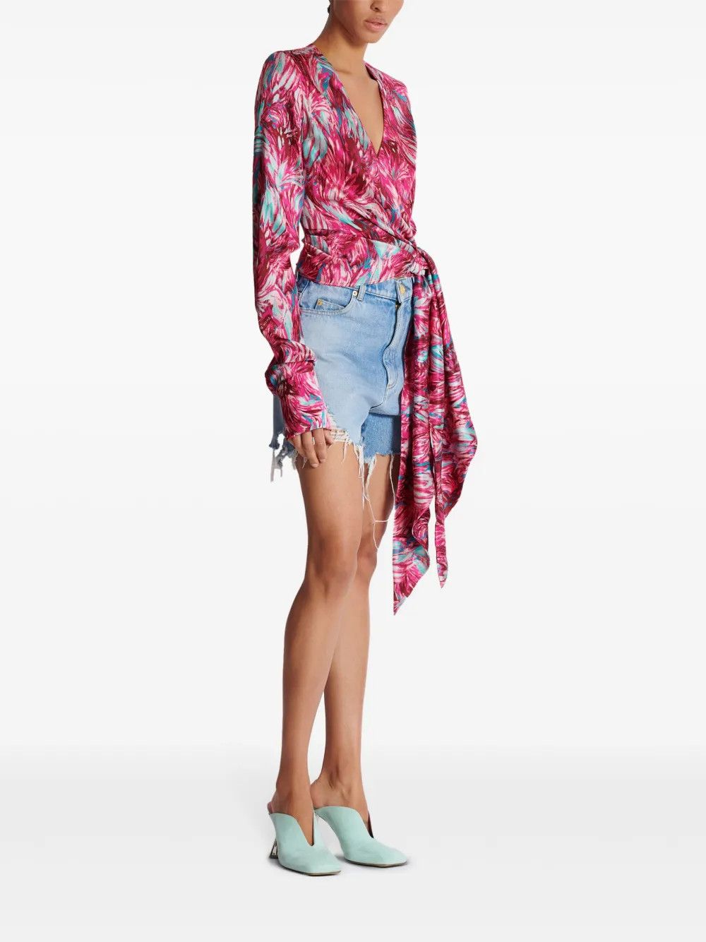 Balmain o1s1wg110825 Feather Print Silk Blouse in Pink/Blue Size XL / US 12-14 / IT 48-50 - 3 Thumbnail