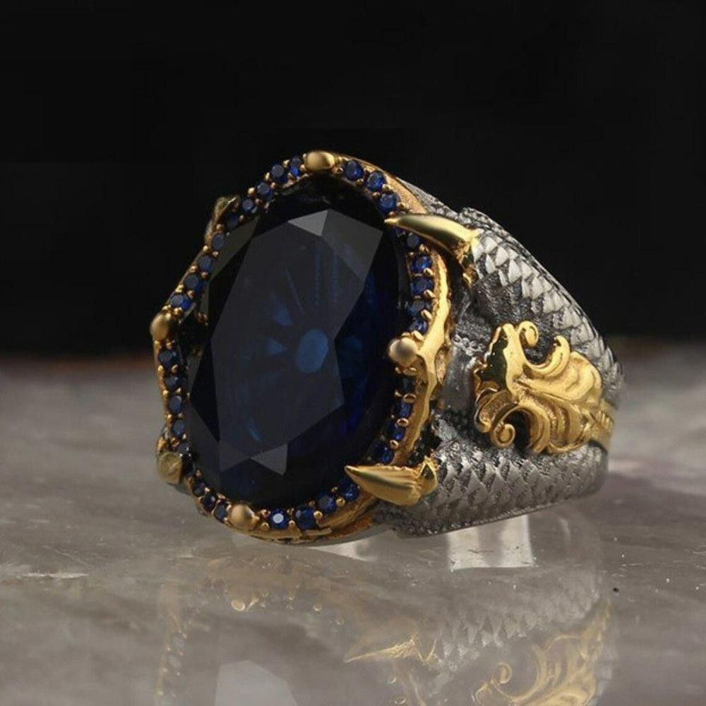 Designer Men's Handmade Blue Sapphire Open Two-Tone Ottoman Ring Size ONE SIZE - 1 Thumbnail