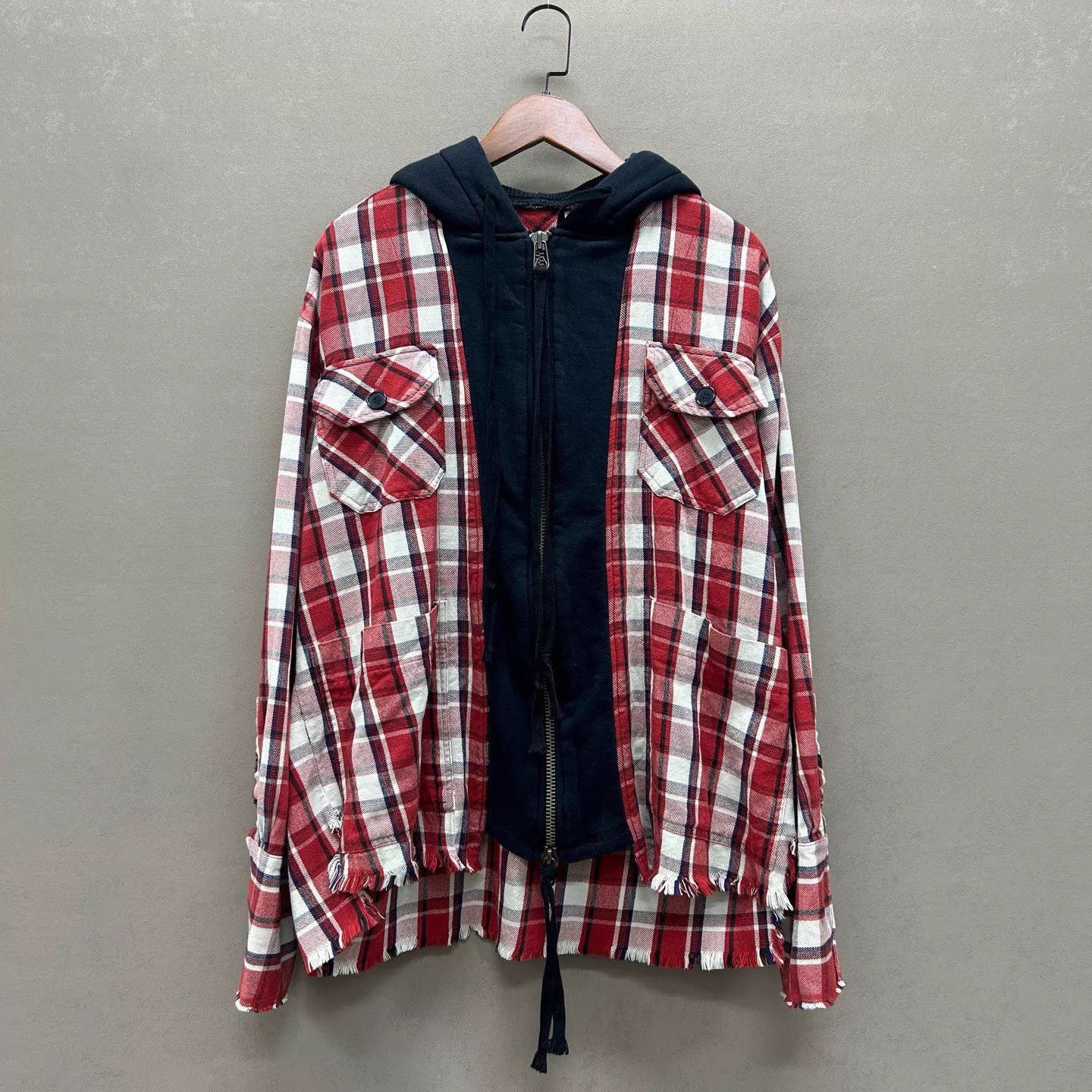 Greg Lauren Red Plaid Hooded Zip Jacket Size US M / EU 48-50 / 2 - 1 Thumbnail