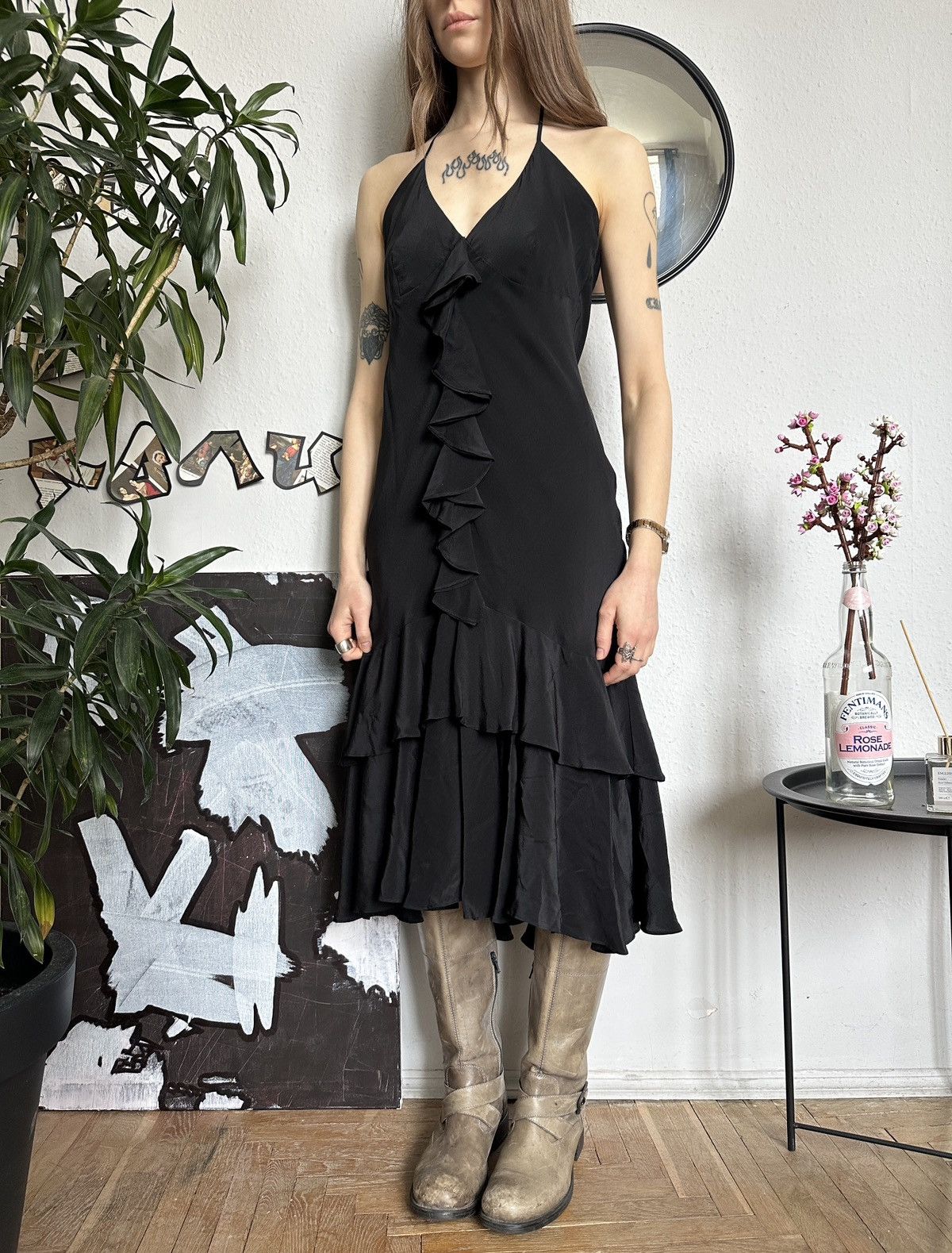 SikSilk × Vintage Vintage Silk Black Ruffle Ruched Halter Evening Dress Size M / US 6-8 / IT 42-44 - 2 Thumbnail