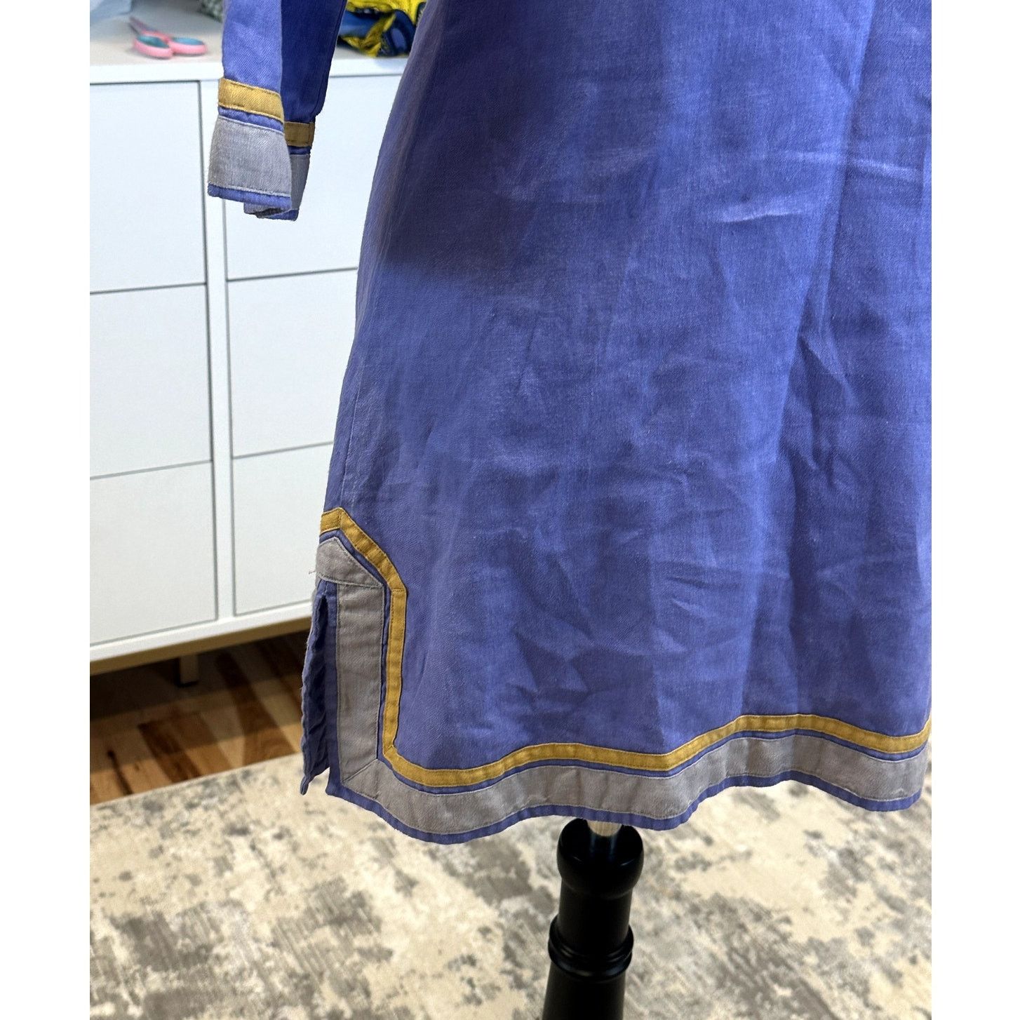 Guru Guru Purple 100% Linen V Neck 3/4 Sleeve Kurta Caftan XS Size XS / US 0-2 / IT 36-38 - 4 Thumbnail