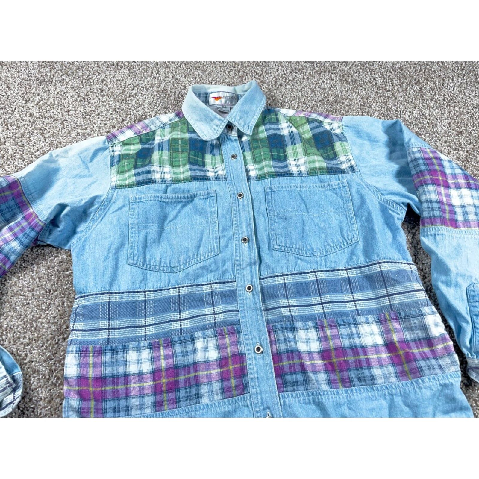 Vintage VINTAGE 90s Cristina Denim Plaid Patchwork Shirt Women's Medium Light Blue Casual Long Sleeve Button-Up Size L / US 10 / IT 46 - 5 Thumbnail