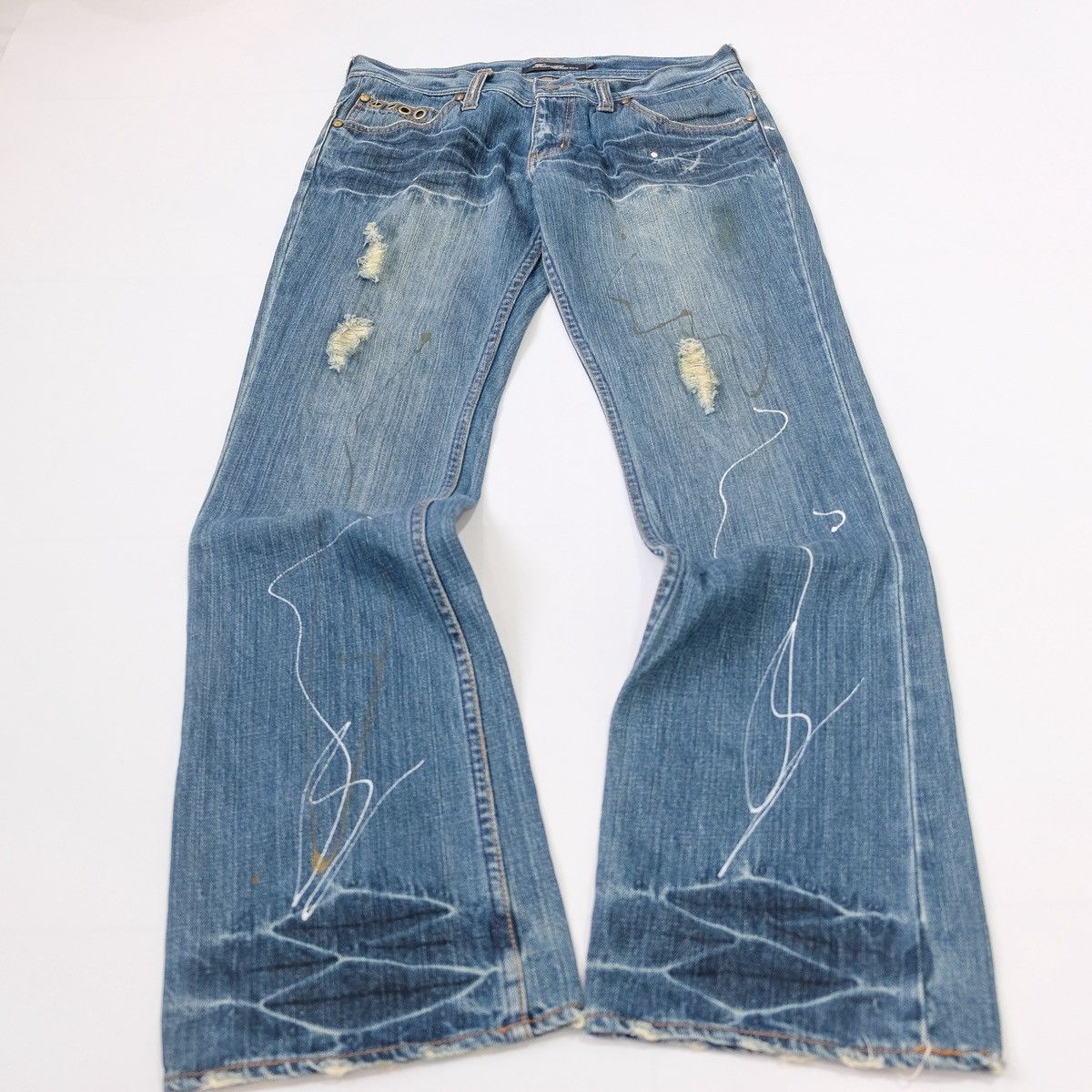 Japanese Brand Root Three paint splatter distressed flared jeans Size US 30 / EU 46 - 2 Thumbnail