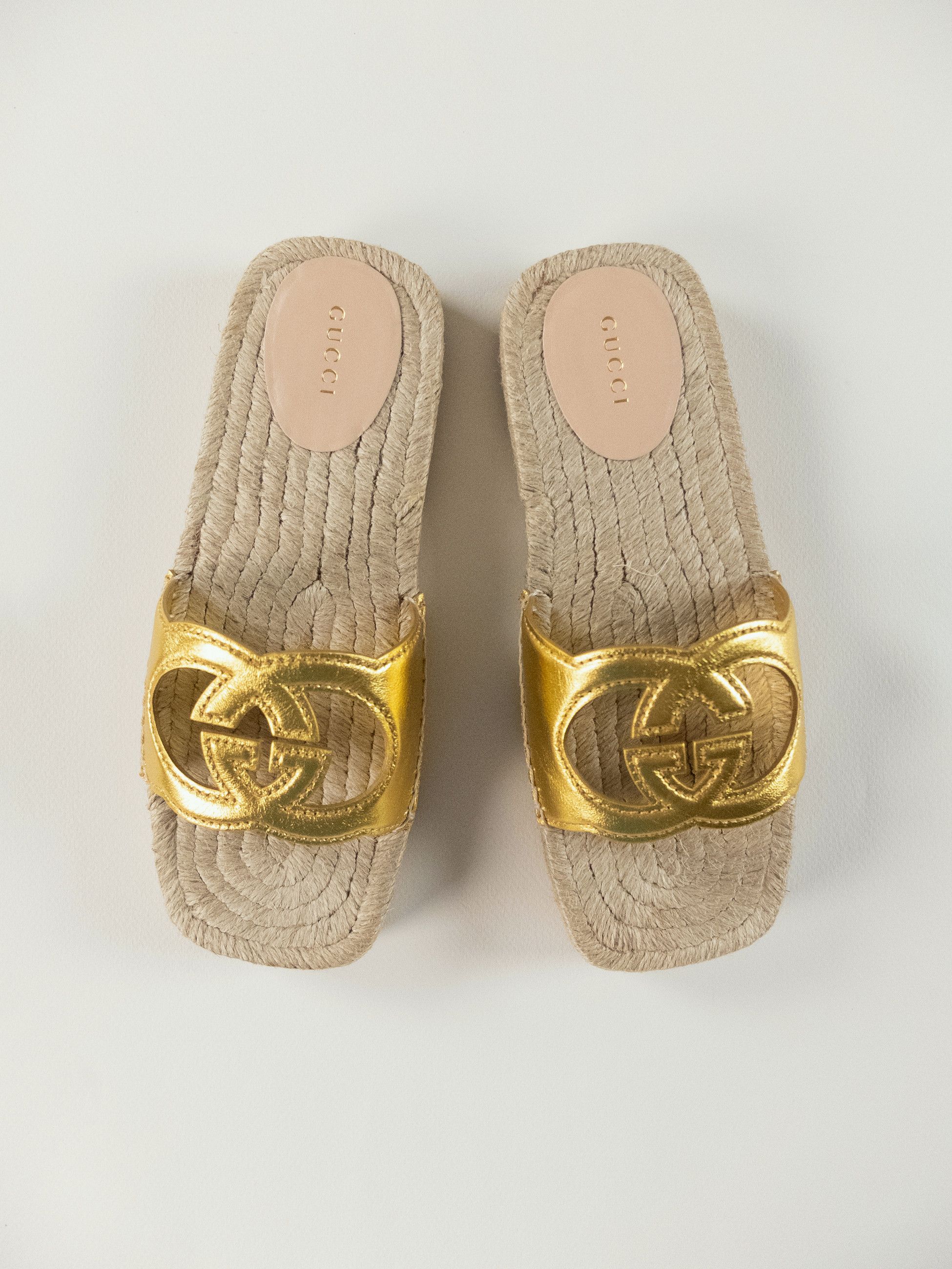 GUCCI interlocking G gold leather espadrille slide sandals