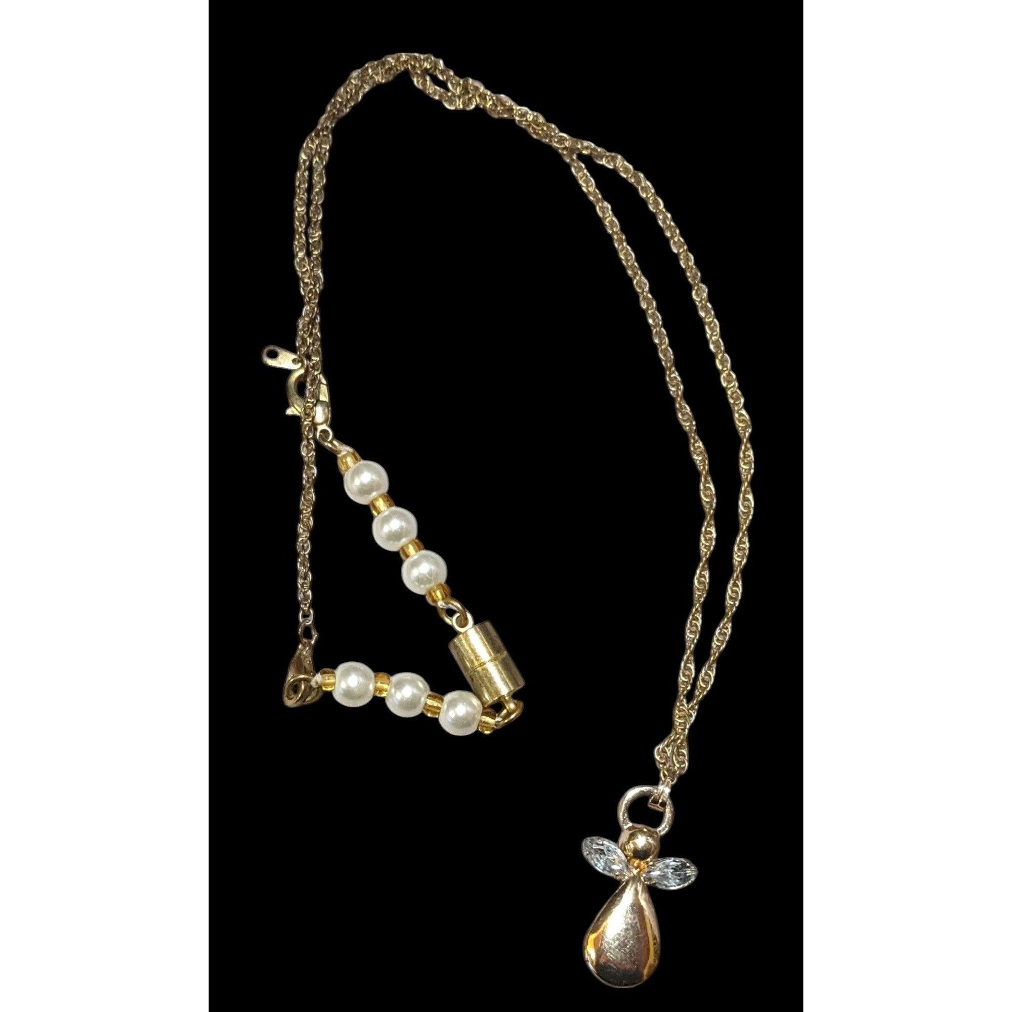 Other Gold Tone Gemmed Angel Pendant Necklace With Faux Pearl Exte Size ONE SIZE - 1 Thumbnail