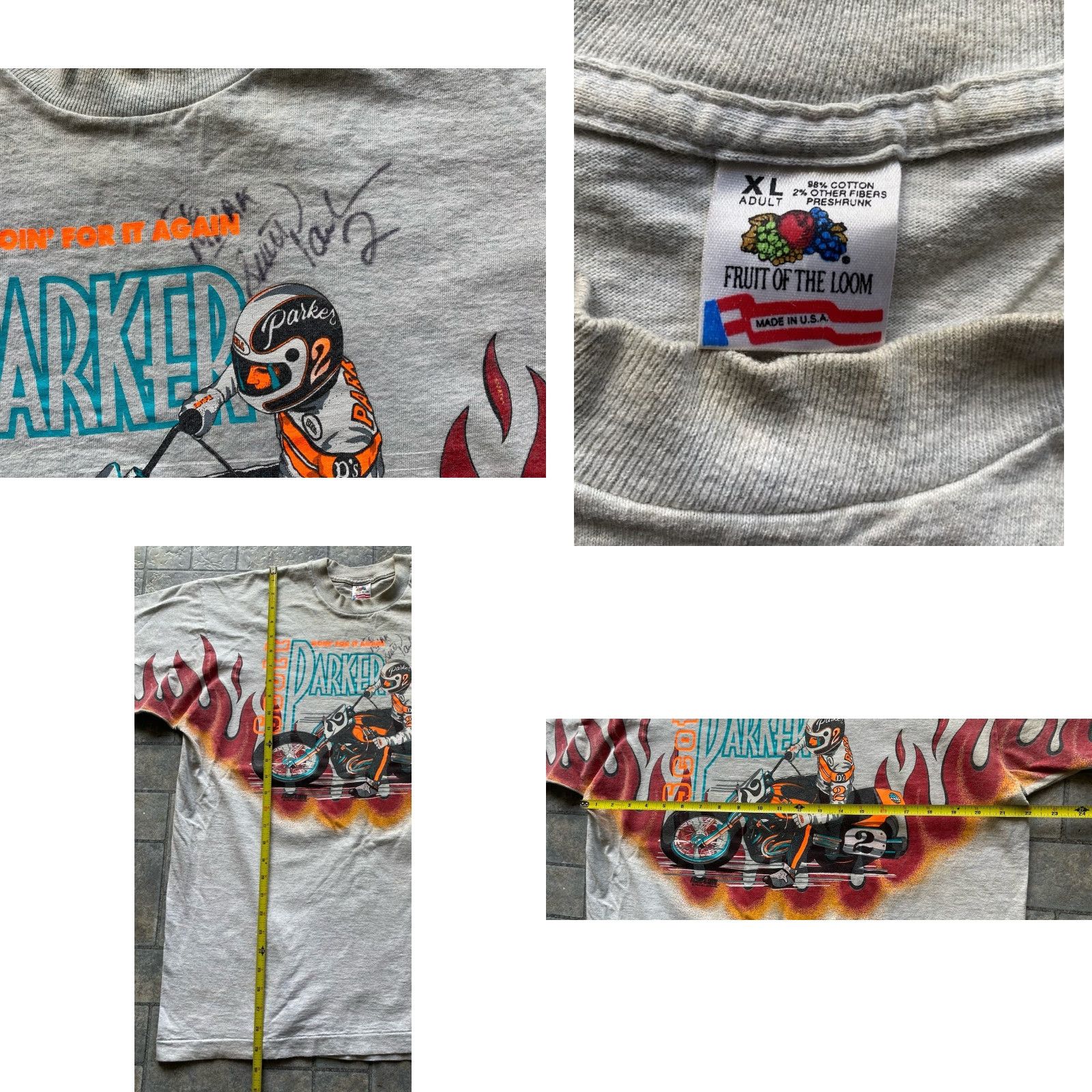Fruit Of The Loom VINTAGE Scott Parker #2 Autographed T Shirt Men’s XL Gray Short Sleeve Harley Flames Size US XL / EU 56 / 4 - 8 Thumbnail