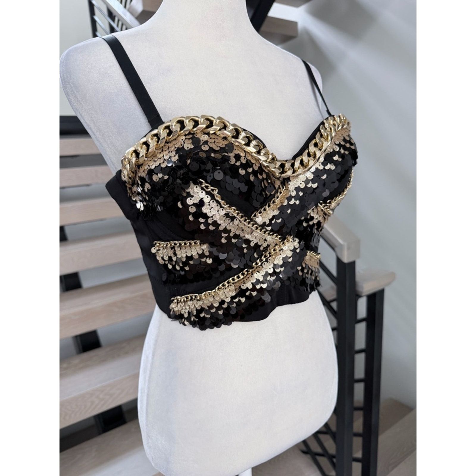 Other New Y2K Glam Black and Gold Sequin Bustier Crop Top size S Size S / US 4 / IT 40 - 10 Thumbnail