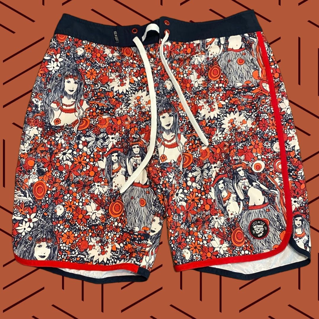 Vintage Lost Enterprises Swim Trunks Mens 31 Medium Red Hawaiian Girl Drawstring 8" In Size ONE SIZE - 1 Thumbnail
