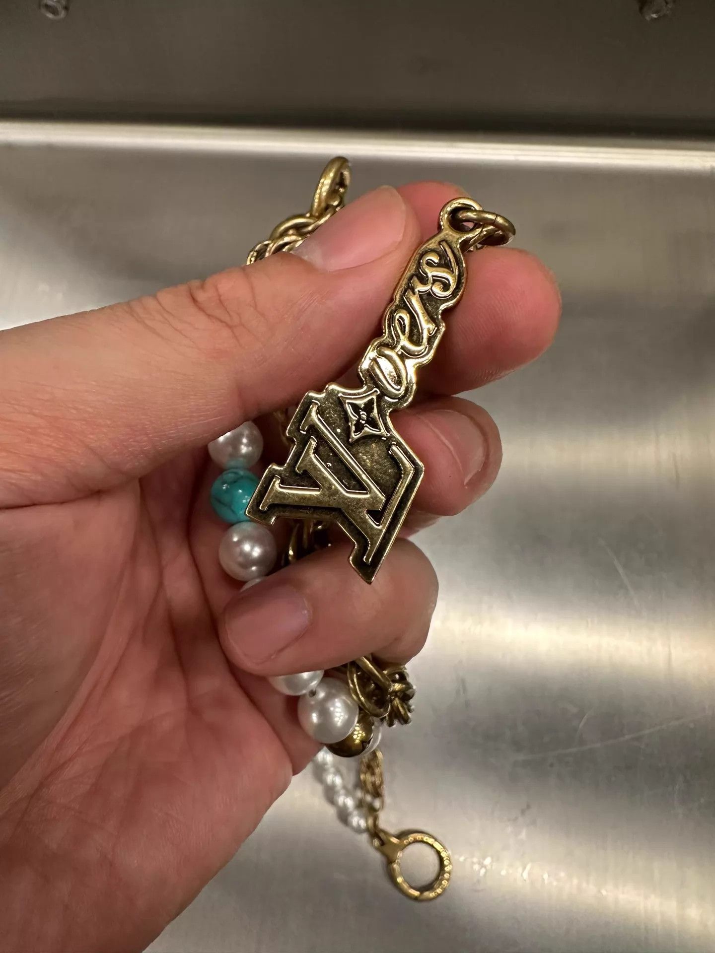 Louis Vuitton LV Turquoise Pearl Double Chain Charm Antique Gold Size ONE SIZE - 6 Thumbnail