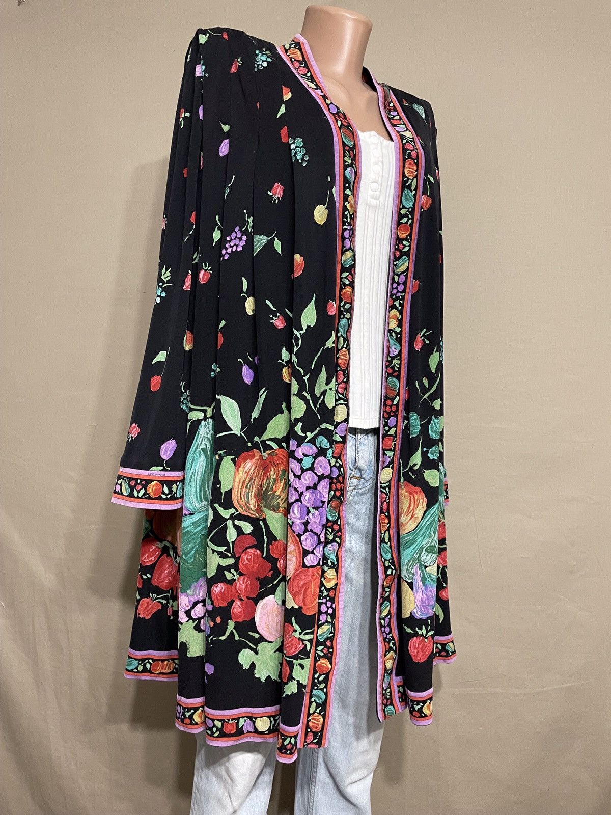 Leonard Paris × Vintage LEONARD Paris Vintage 90s Silk Fruit Print Kimono Dress Size ONE SIZE - 3 Thumbnail