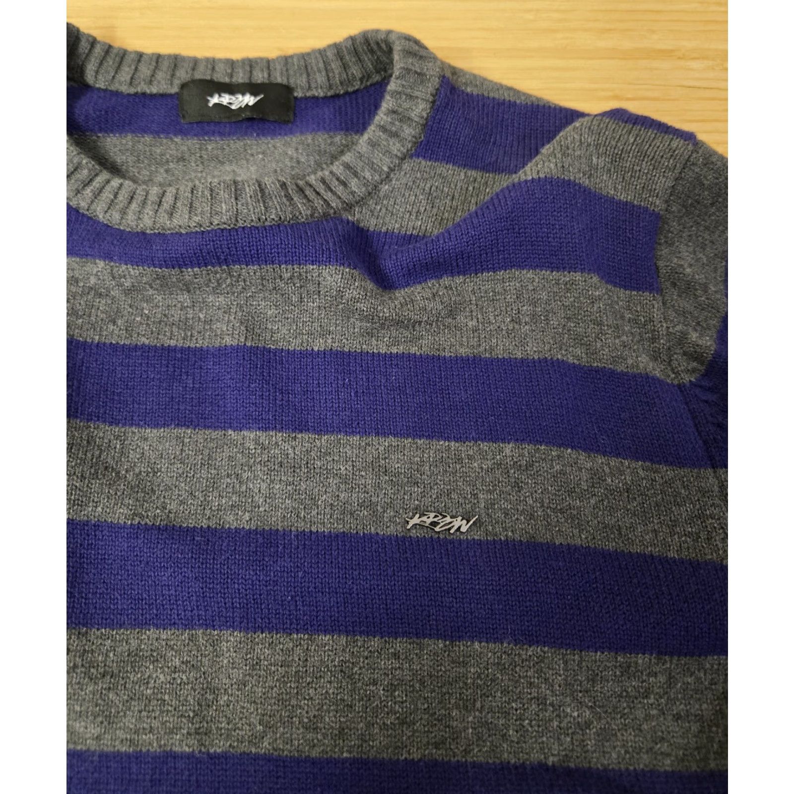 Vintage KR3W Sweater Mens Large Blue Gray Striped Knit Crewneck Pullover Casual Logo Size US L / EU 52-54 / 3 - 4 Thumbnail
